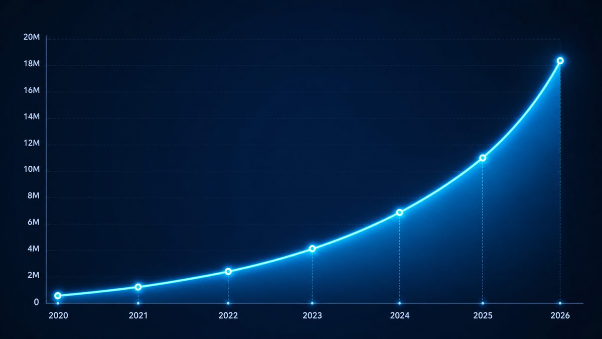 jmcomic用户增长数据图表,展示2020-2026年注册用户从50万增长至1800万的趋势